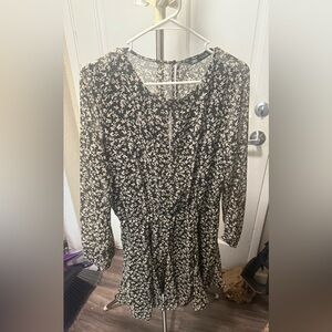 Zara Black and Cream Floral Long Sleeve Dress